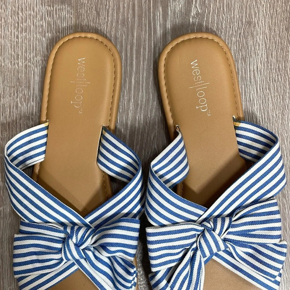 NWOT West Loop Blue and White Striped Bow Sandals Slides L (9/10) - Picture 2 of 8